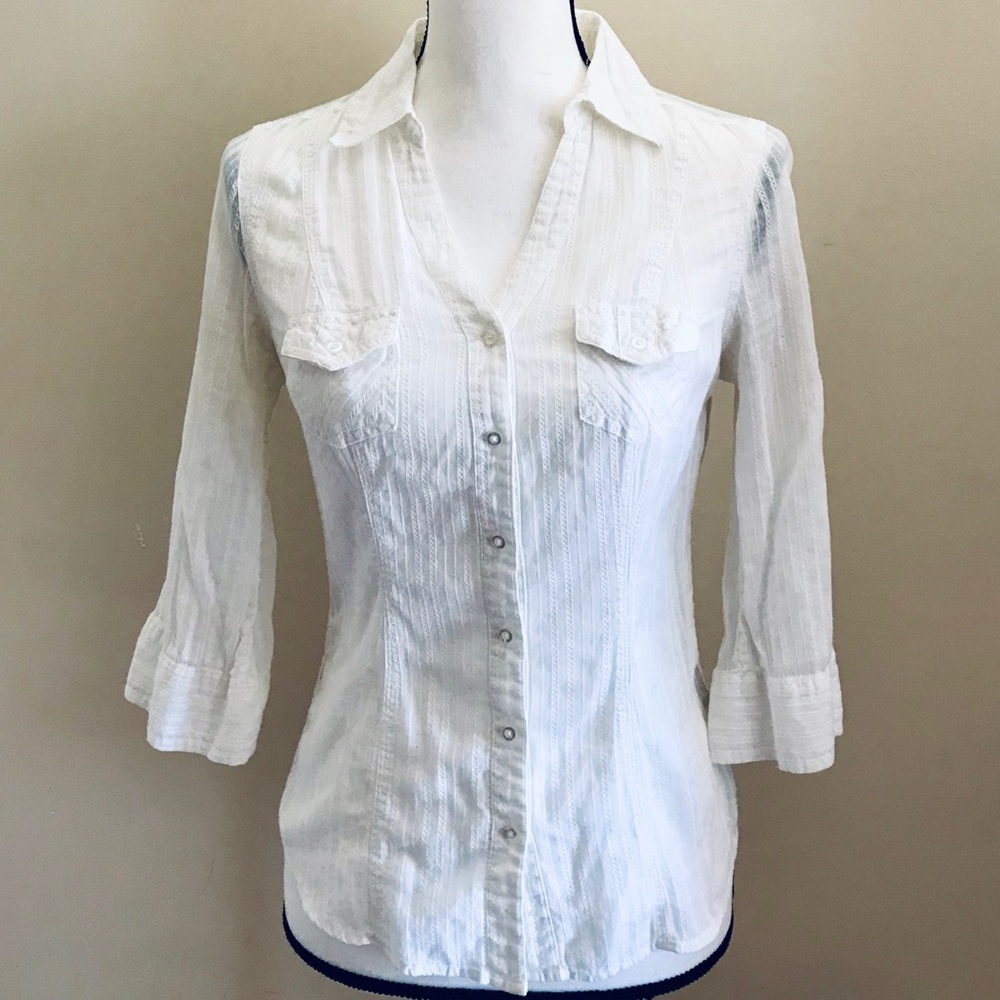 Arizona Jean Co Sheer White 3/4 Sleeve Button Down